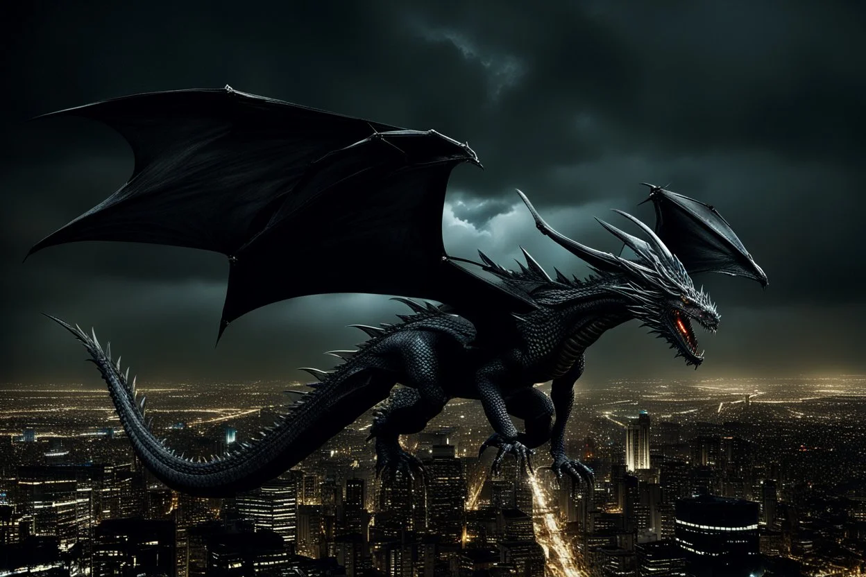 black dragon flying across the city at night dark fantasy lightening legs outstretched