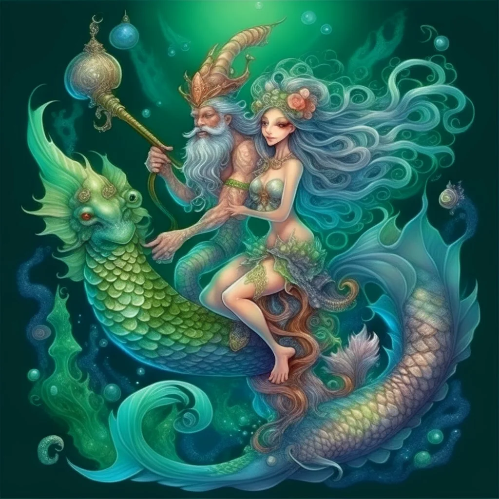 luminescent. mystical, mermaid gnome couple with long curly fancy flowing tail. Riding a seahorse, Marine life Background. perfect facial features. Hyperdetailed, dreamlike.