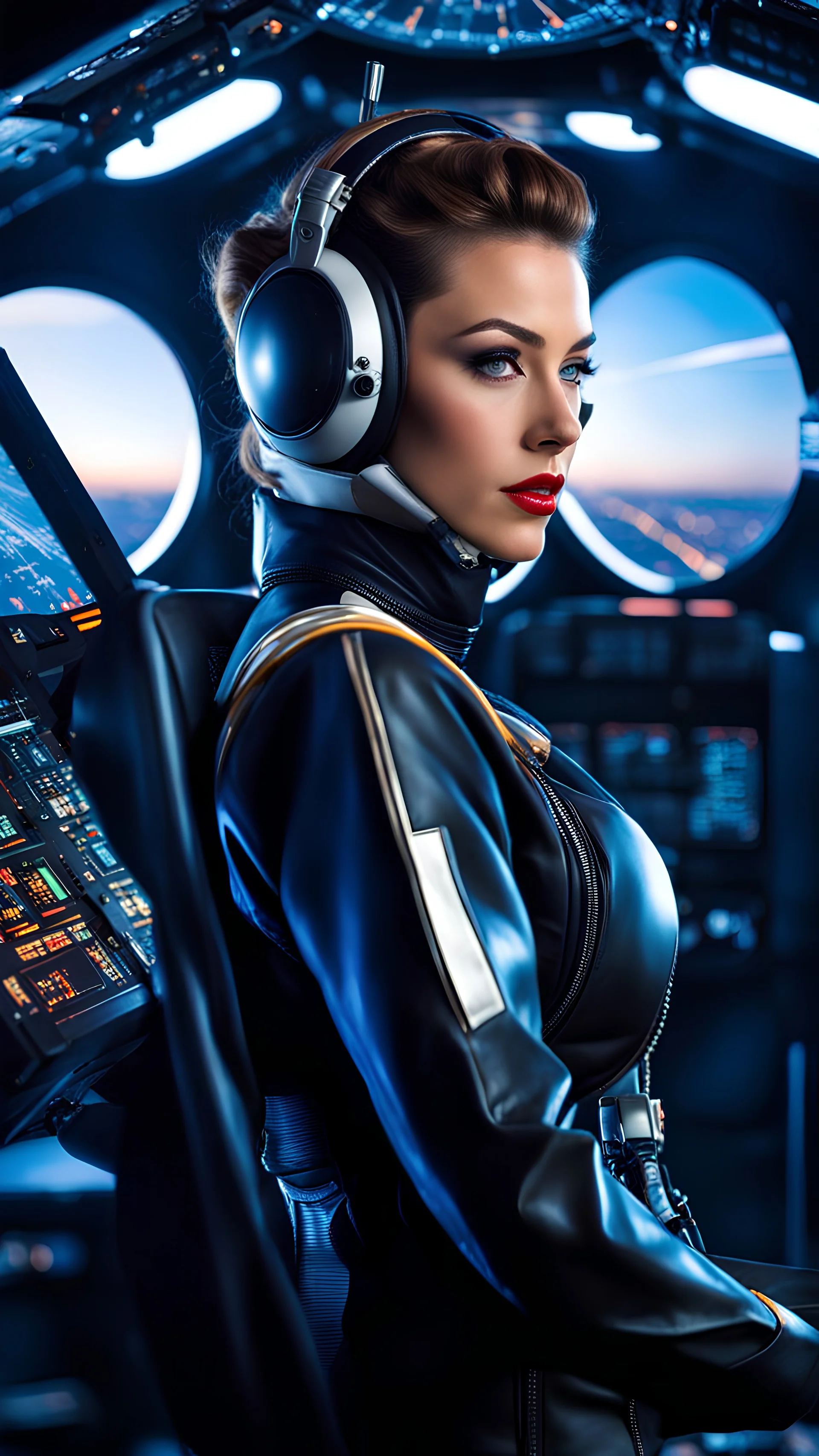 Cybergirl Photo realistic Incredibly beautiful English actress Barbara Rose Kellerman acting as pilot, cyberspace cyberpunk style, science fictional theme, overlooking Earth from space, attractive appealing mood, realistic image, hypersetailed photo, 200 megapixels, 8K resolution, UHD quality image enhanced, back lite, gorgeous, dynamic colors, low saturation colors, back lit, fascinating beauty, volumetric lighting, laces, balance brightness, intricate detail facial expressions, shadow depth