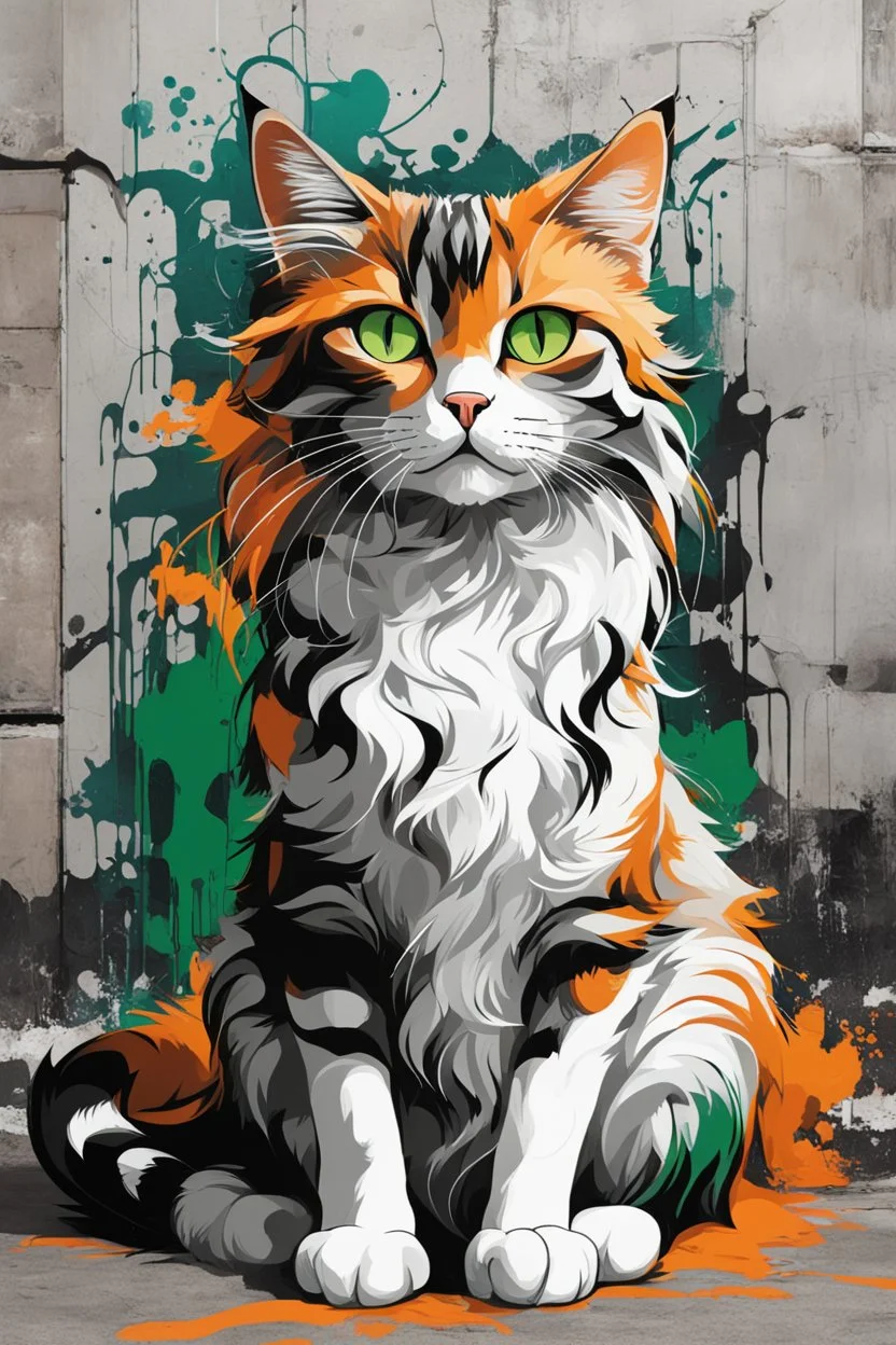 Graffiti illustration of a beautiful cat with long, wavy, thick hair, pointed ears, bright green eyes, orange, black and white colors, ultra quality, (((full body))), sitting on the floor