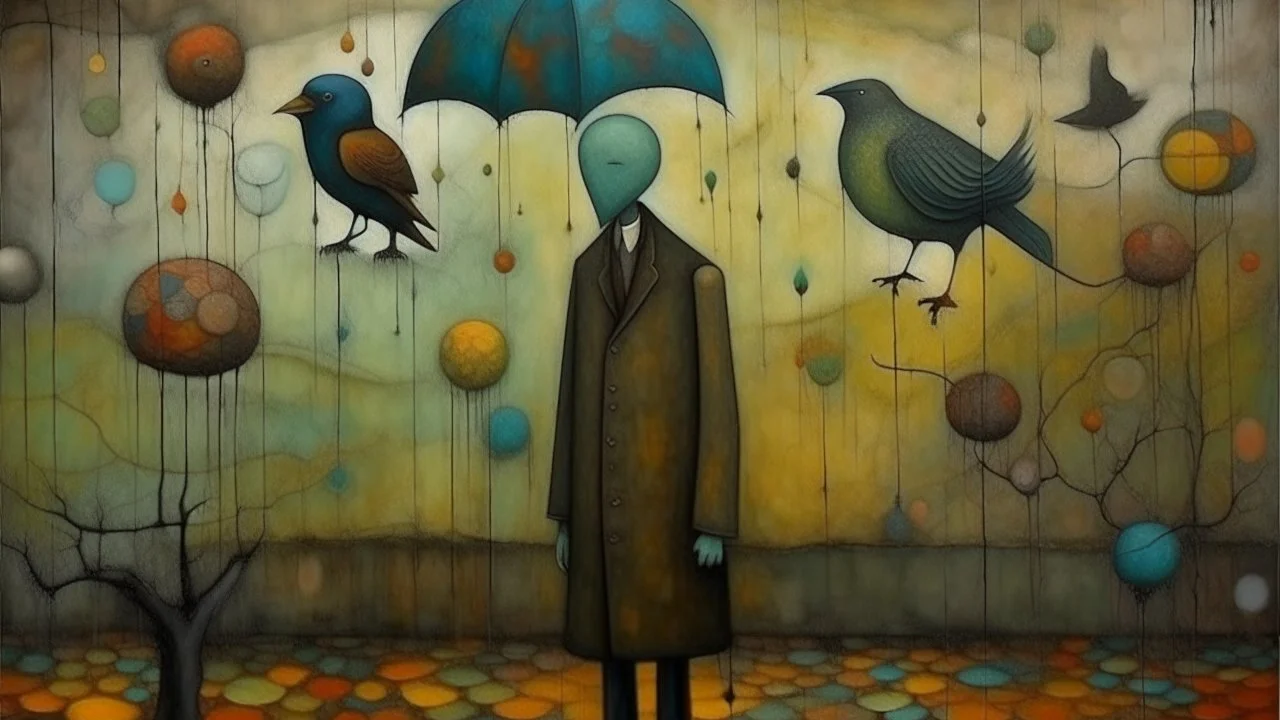 abstract painting, rain in liminal space, balance, man and bird, bizarre, surreal, art brut, outsider art, a muted colors photo, pexels contest winner, 1940s, high quality photo,