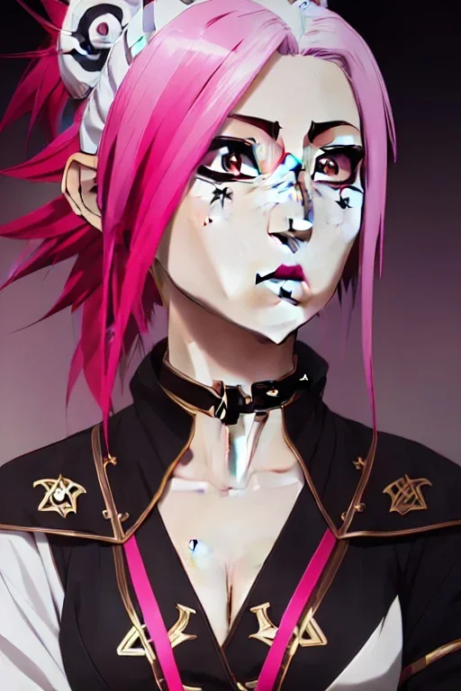 A Cute anime Kunoichi girl, kitsune mask, pink hair buns, pink bangs, traditional black designer kimono, full body art, intricate details, eyes perfectly aligned, full body portrait, red ribbons, slight smile, black constellation motif, windy, concept art, mini tornado stickers, black fishnet wear, highly detailed, digital painting, artstation, concept art, sharp focus, illustration, art by WLOP and greg rutkowski and alphonse mucha and artgerm and yanjun Chen and Junji ito