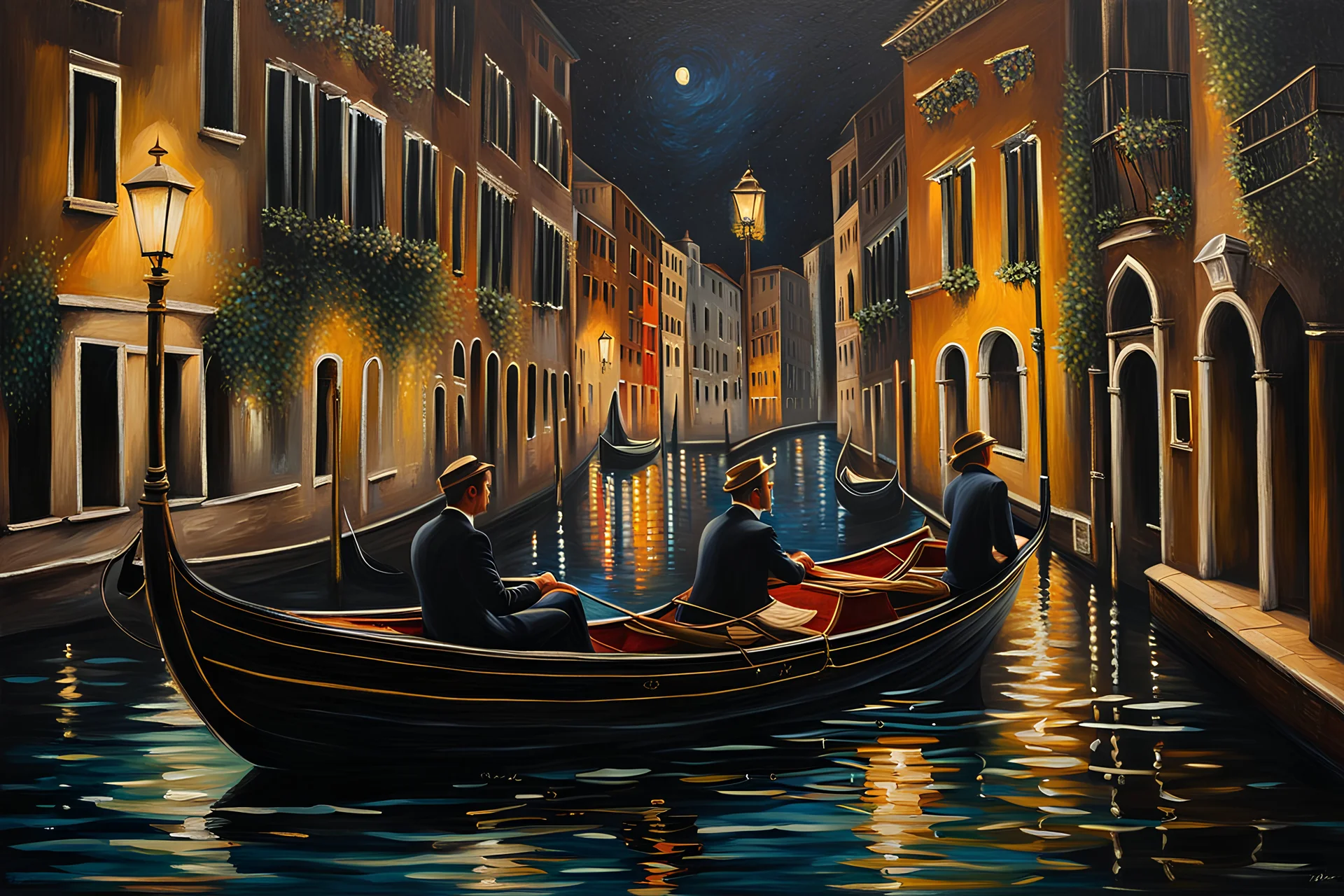 Beautiful realistic scene of a romantic man and woman relaxing in a gondola in a canal in Venice, dark night, streetlights and lights on the gondola, realistic, professional award winning oil on canvas, extremely detailed, high definition, elegant,