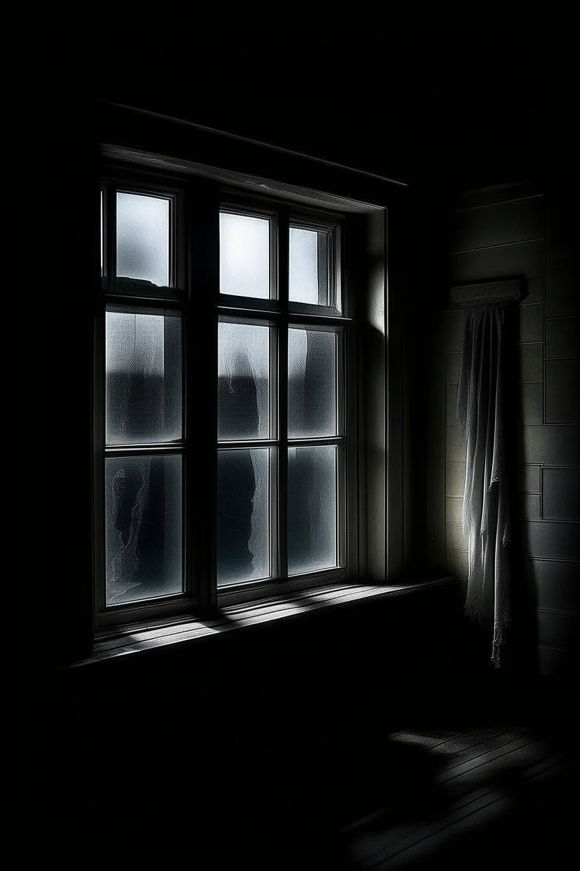 Midnight Whispers ghost window with a scary shadow behind