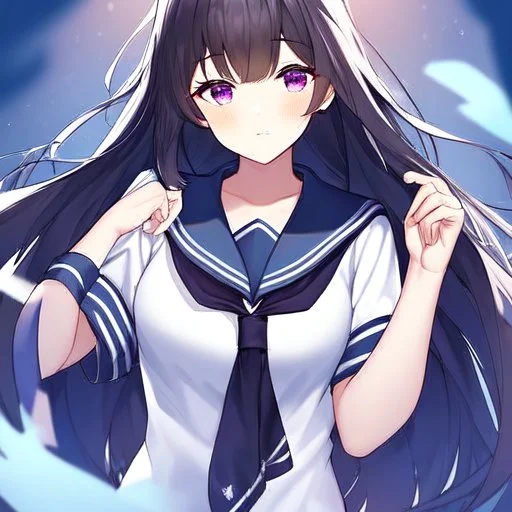 Clear focus, High resolution, Black long hair, fluffy hair, purple eyes, wearing a sailor uniform, rough line