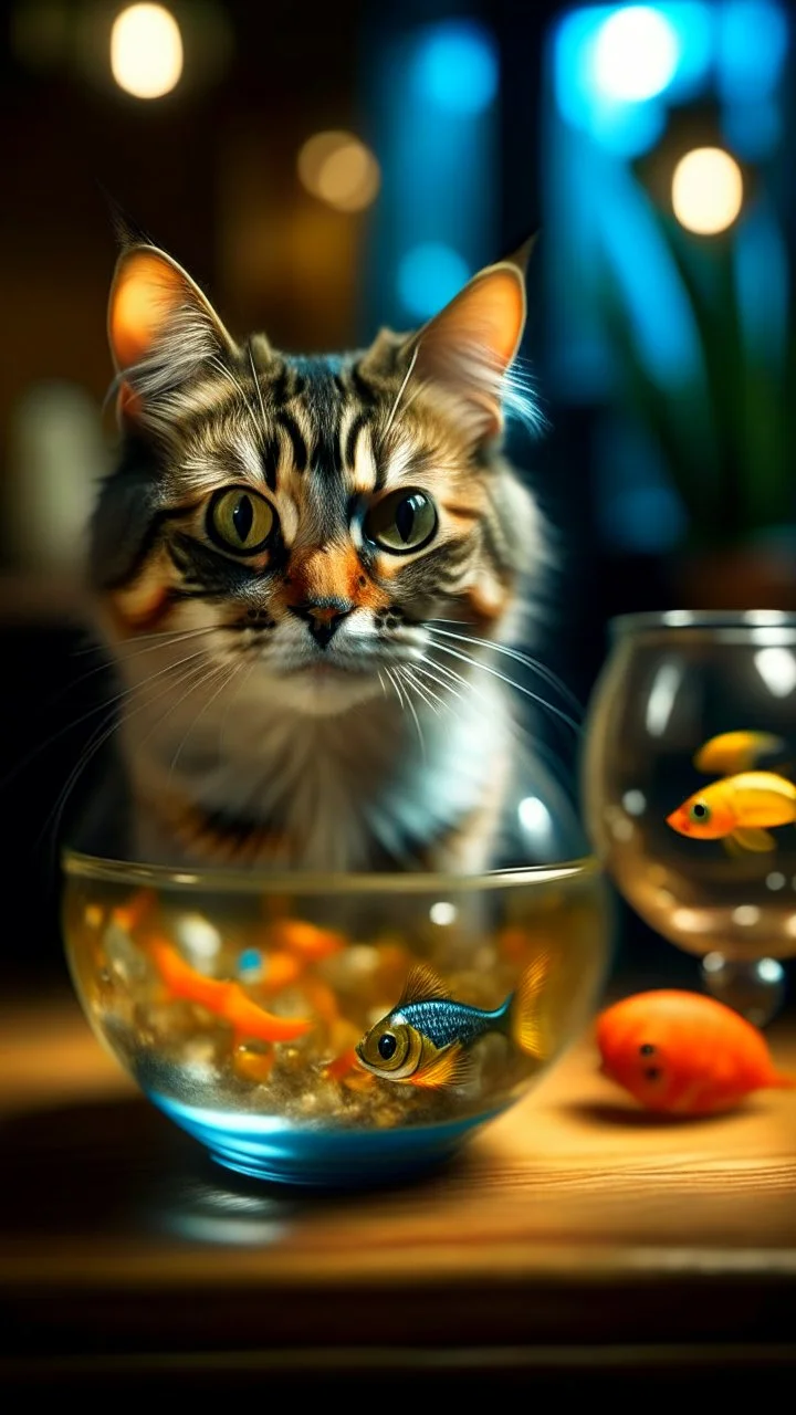 portrait of confused old cat holding a glass bowl with an animated gold fishes and sharks in glass nursery having grown beaks and claws, bokeh like f/0.8, tilt-shift lens 8k, high detail, smooth render, down-light, unreal engine, prize winning