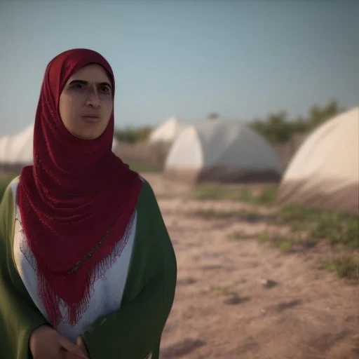 A Palestinian woman wearing the Palestinian dress carries her dead son as she screams and cries at night, with explosions in refugee tents behind her.