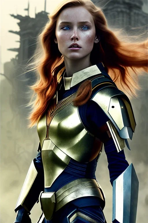 ultrarealistic, ruined city,__skimpy sci-fi armor__, __angles__, 19 year old woman, strikingly beautiful, ginger hair, titanium colour, [__starlets__|__starlets__], (pale __skincolor__ skin:1.2), __camera__ __hair__, detailed face and eyes, c-cup breasts, leather choker, freckles, dynamic pose, resolved expression, __accessory__, strappy outfit, (straps:1.1), sword in scabard on left hip, (buckles, buttons, snaps, rings:1.0), halter style breastplate, detailed eyes, plump lips, fantasy theme