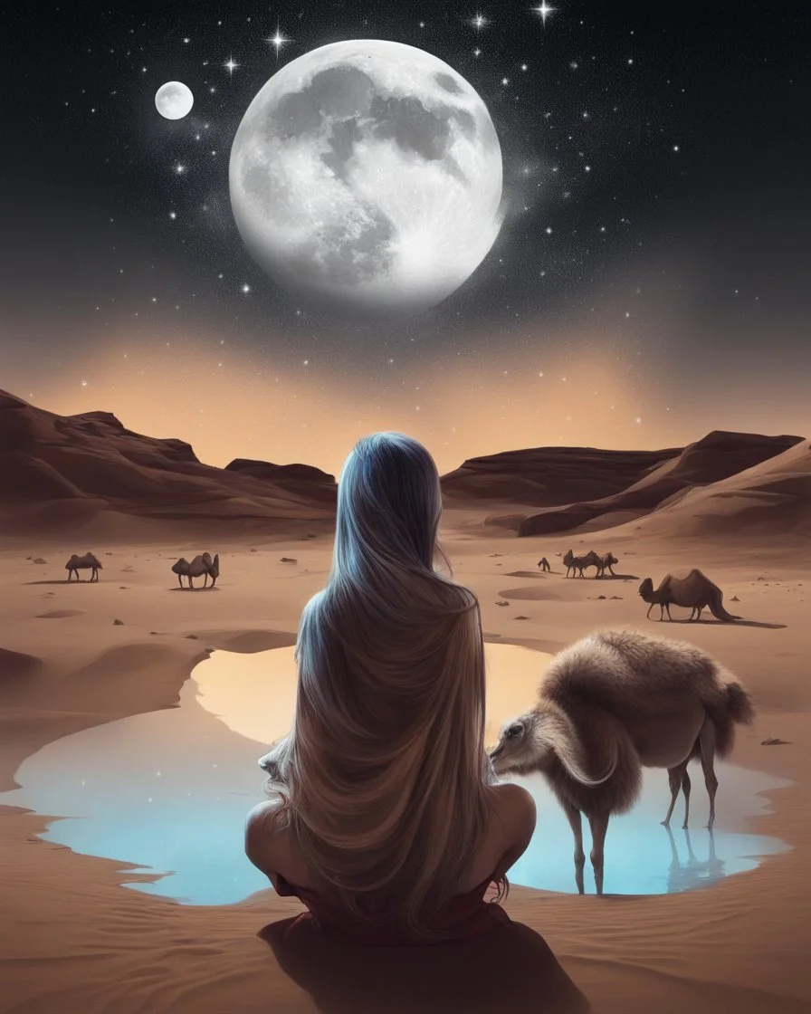 digital painting muliticolor wonderful night fantasy girl reflection two eyes in the sky stars moon in two eyes huge long eyelashes desert camel caravan man sitting by the fire double exposure collage monochrome