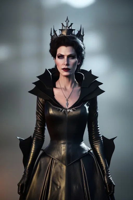 portrait of shae marks as evil queen in black leather gown, leather, angry, stern look, volumetric lighting, particales,highly detailed,cinematic, deep colours,8