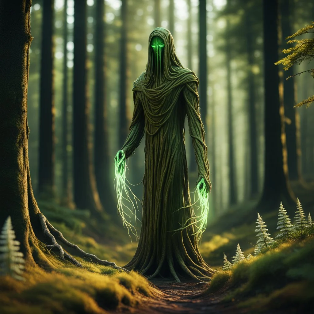 a slender forest spirit wraith ghost spectre , with highly detailed, sharply lined facial features, in the deep forest of Brokilon , finely inked, in rustic colors, 4k in the style of Peter Mohrbacher source vibrations, bokeh like f/0.8, tilt-shift lens 8k, high detail, smooth render, down-light, unreal engine, prize winning