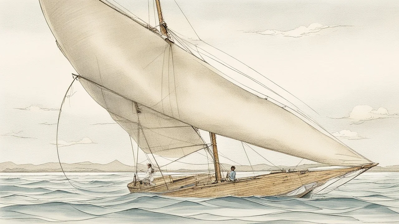 in the childish style of a 5 year old with scratchy penwork, a basic sloop, floating on water with the sail full of wind. Off to the side, the same boat mast is depicted, this time with the sail raised and tied up