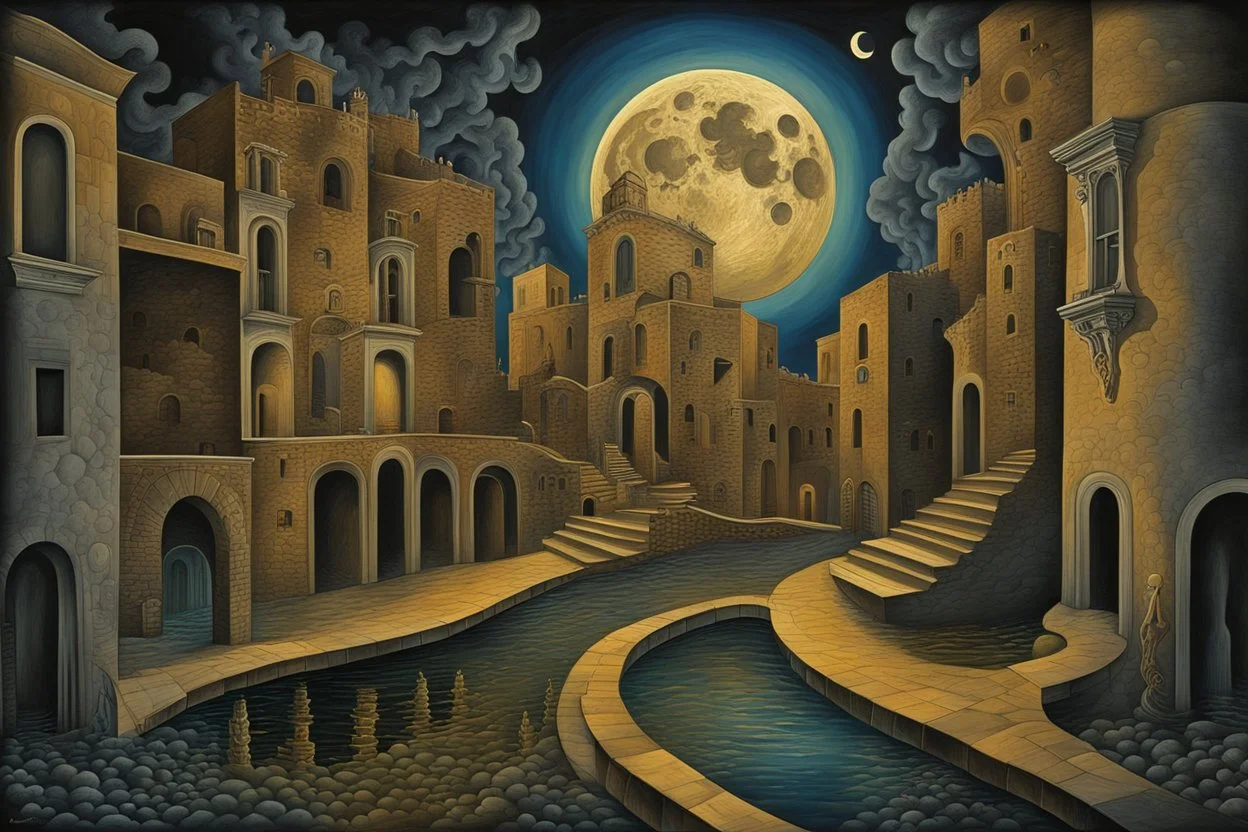 midnight in surreal old city with one big full moon, shadows on walls, strange buildings, sinister by Greg Rutkowski surrealism Salvador Dali matte background melting oil on canvas sinister by Greg Rutkowski surrealism Salvador Dali matte background melting oil on canvas abstract vector fractal, wave-circle function, Zentangle, 3d shading