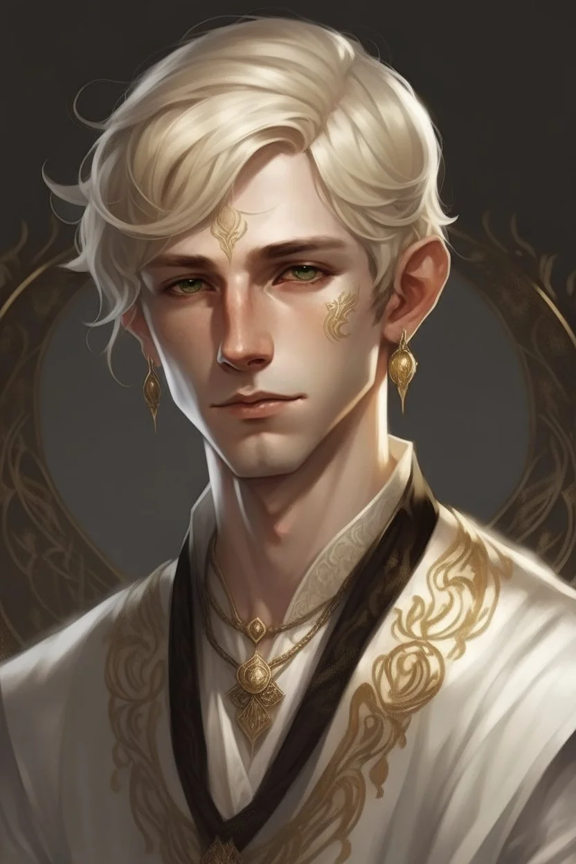 A young half elf man with White-Blonde, short hair, black eyes, dressed in white and gold with lots of jewelry, beautiful