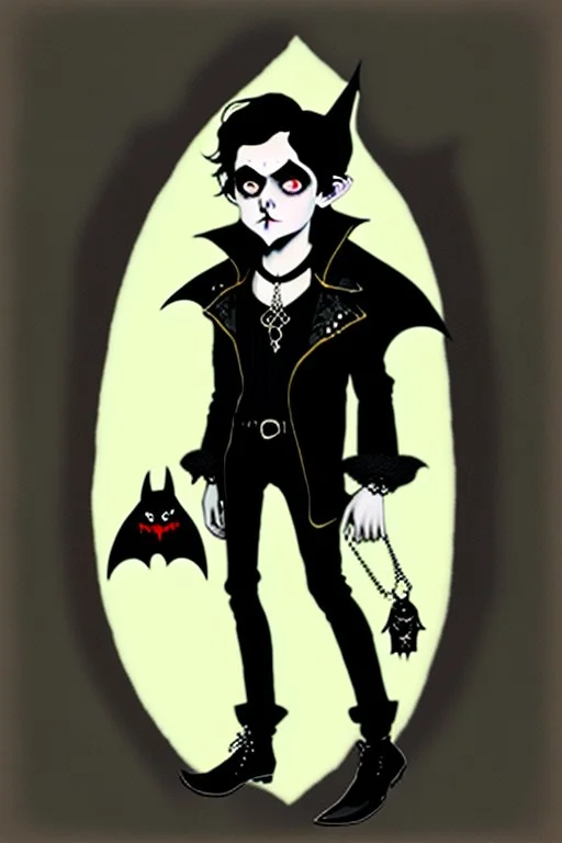 black haired black eyed young man necromancer goth hobbit with gothic jewelry and pet black bat in the style of Charles Addams