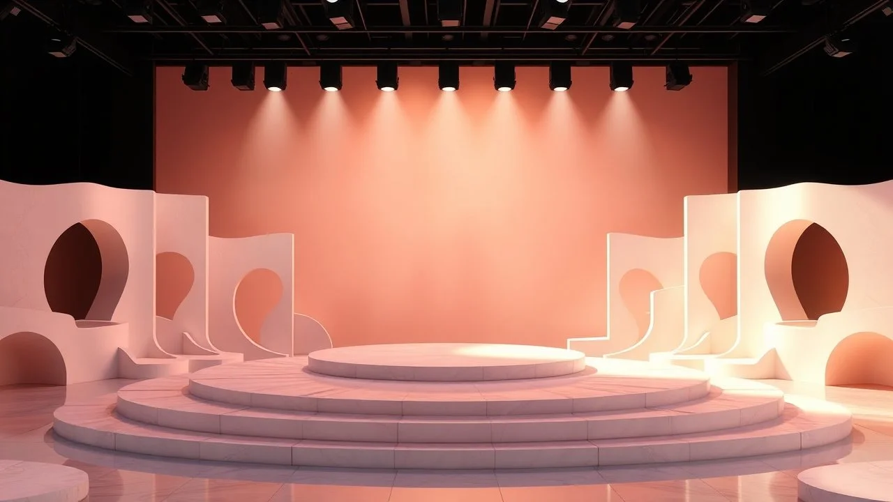 modern very wide stage with 3D recursive fractal structure animating background