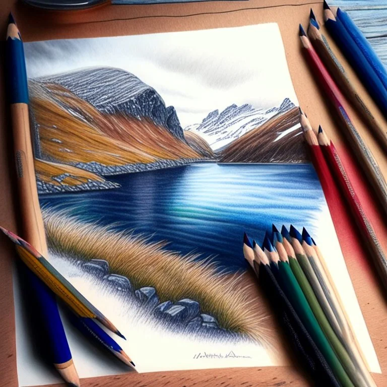 Colored pencil drawing. Norwegian lancscape. Realistic, professional.