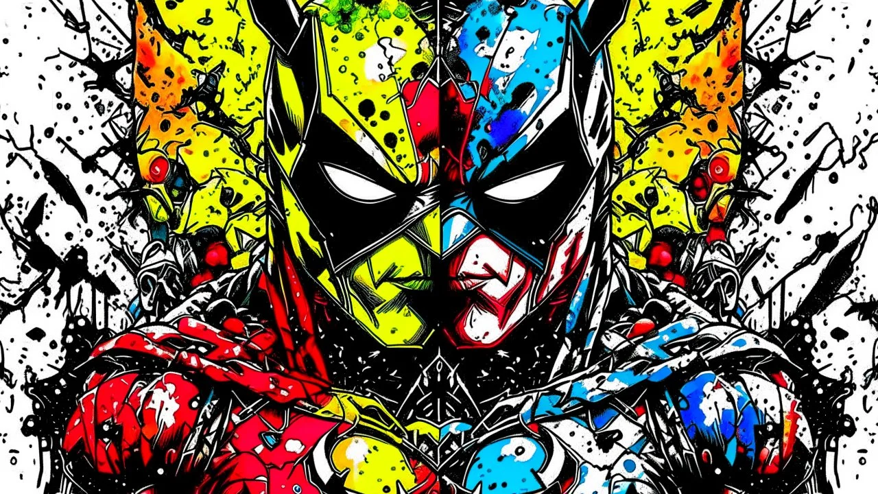 Poster in two gradations, split in half, one side "deadpool", other side "batman", midline of the face, painting by Yoji Shinkawa, tones and colours randoms, , detailed iridescent, metallic, translucent, dramatic lighting, hyper futuristic, digital art,