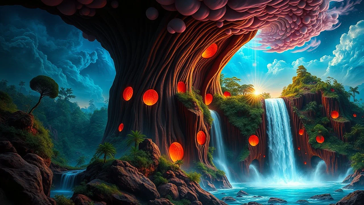 waterfall full of holes with various jungle flowing spiral cloud neon colorful Unique open cliff burning rippled surrealistic artwork with shiny shackled by cliff and sea island, while holding a waterfall doing pulling, the open cavity inside the body is a scene of an ancient Egyptian painting in the Gesang desert 5D diorama, with seven open panels revealing a forest with a thousand shadows, giving a triple exposure effect on a Balinese girl and her telepathy waves with magic breast milk