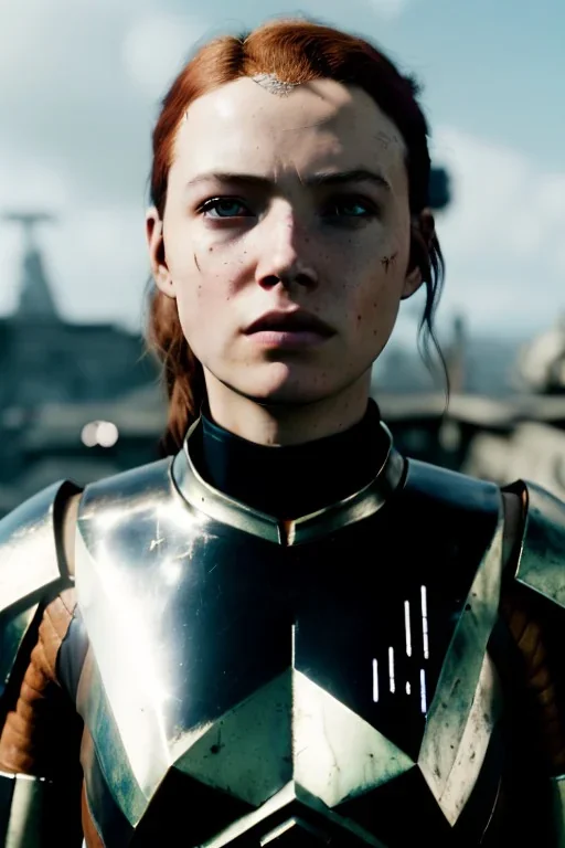 ultrarealistic, ruined city,__star wars armor__, __angles__, 18 year old woman, strikingly beautiful, ginger hair, silver colour, [__starlets__|__starlets__], (pale __skincolor__ skin:1.2), __camera__, _hair_, detailed face and eyes, medium breasts, leather choker, freckles, dynamic pose, resolved expression, __accessory__, strappy outfit, (straps:1.1), sword in scabard on left hip, (buckles, buttons, snaps, rings:1.0), haltertop style breastplate, detailed eyes, plump lips, sci-fi theme