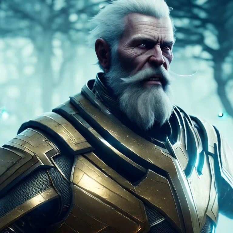 Epic Character design, strong Male void soldier wearing metal armor silver/black/dark gold, mist, photorealistic, octane render, unreal engine 5 style, ultra detailed, volumetric lighting, Organic Horror, old man scarred face with beard