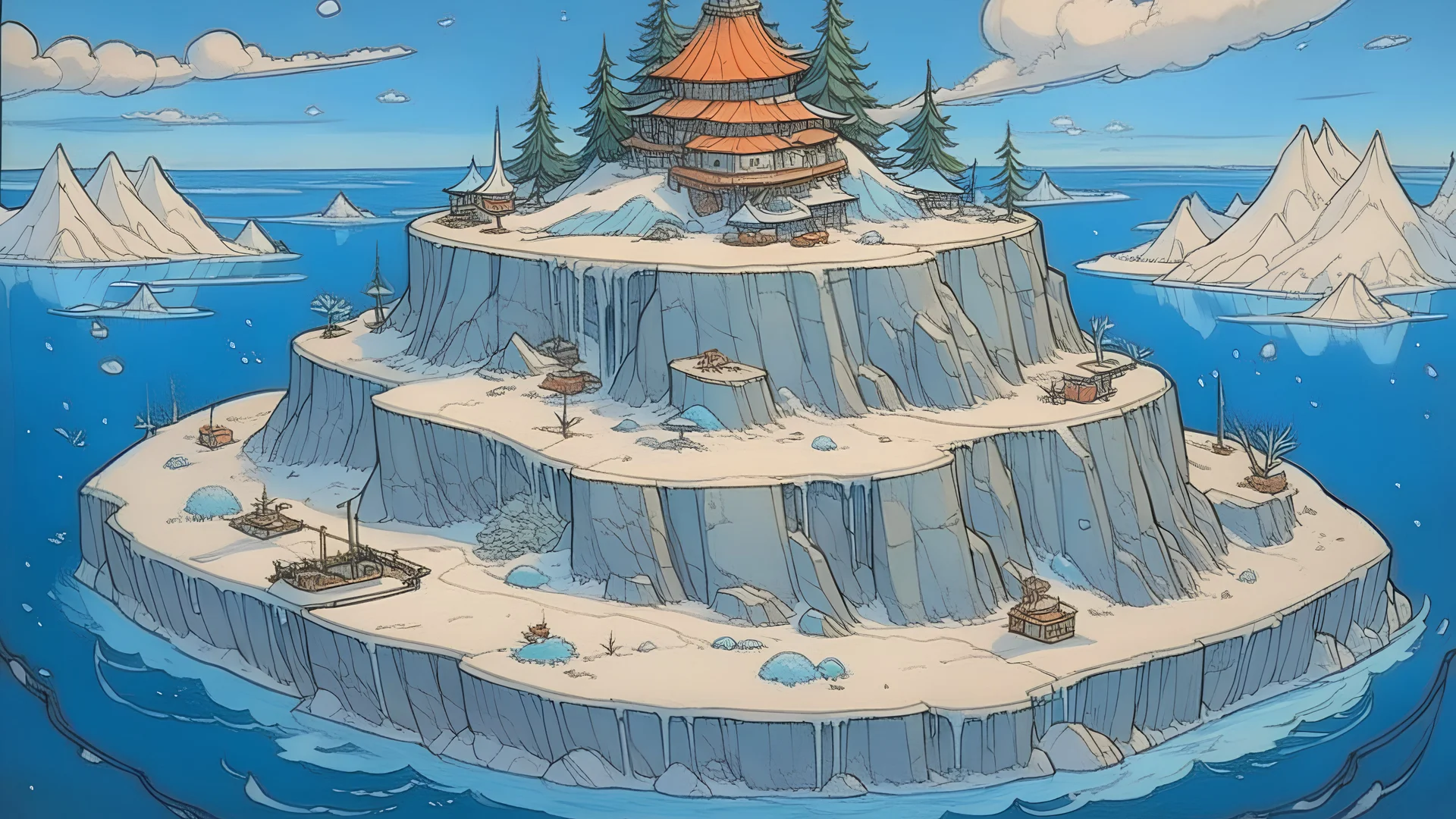 snow island drawn by studio ghibli