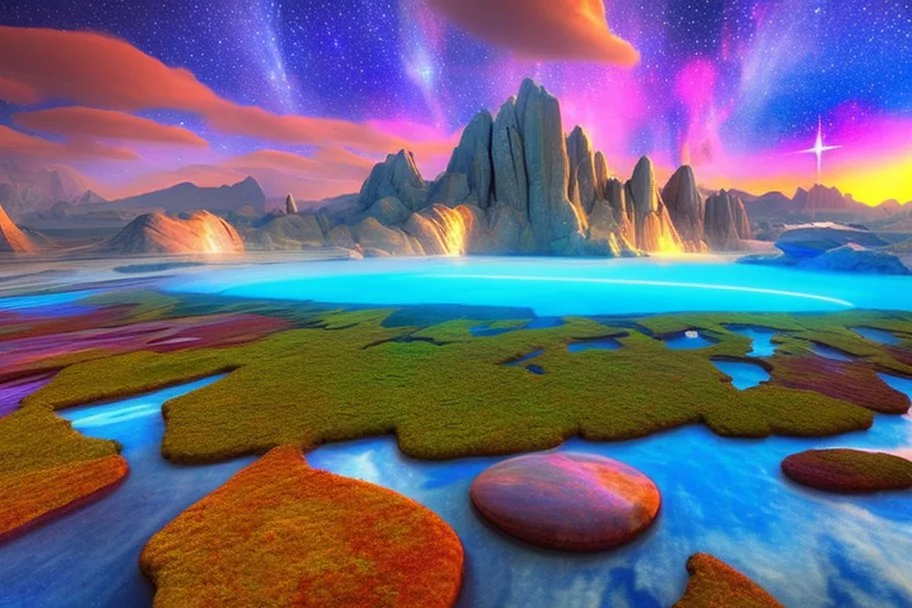 cosmic landscape with blue grass with magic lake, sky with light and stars. a bright spaceship with light