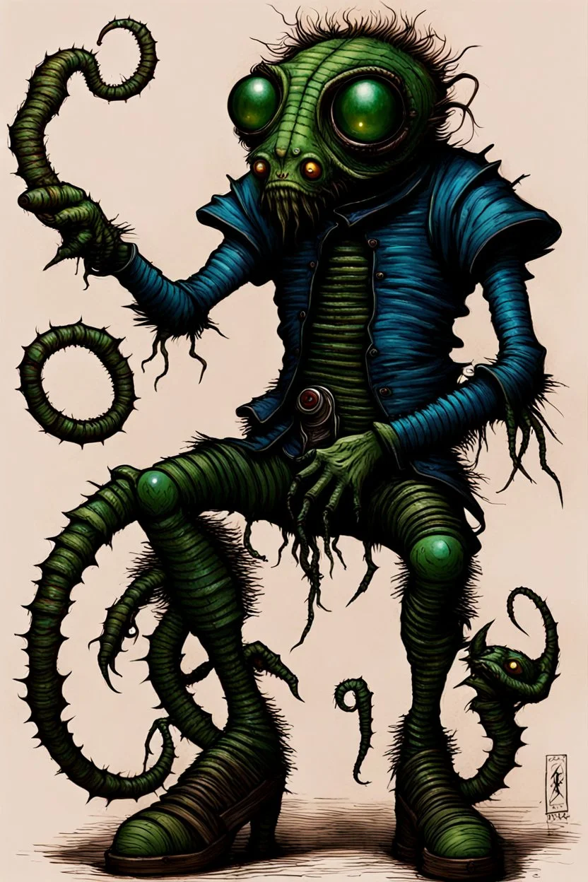 Artist Jean-Baptiste Monge style. A old biomorph male humanoid with Centipede face. Bright eyes. A green and blue striped outfit. Modifiers: Tim Burton Craig Rutkowski Modifiers:neon glowing Iridescent black ink