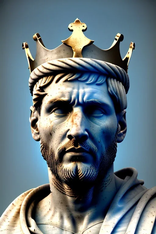 Ultra Realistic image, Roman sculpture, white marble material, Lionel Messi, gold crown of natural thorns, god crown, sun rays background, waist up portrait, epic, celestial, cinematic lighting, God lights, 4k resolution, smooth details, soft lighting, unreal engine 5, art station, substance 3d.