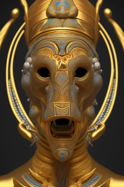 black male African Egyptian alien, cracks in the voodoo head, wicked, eyes, crown, Elephant, 8k, finely detailed, photo realistic, tiger turquoise skull head gold dragon space alien snow skeleton gold gorilla silver crown silver eyes