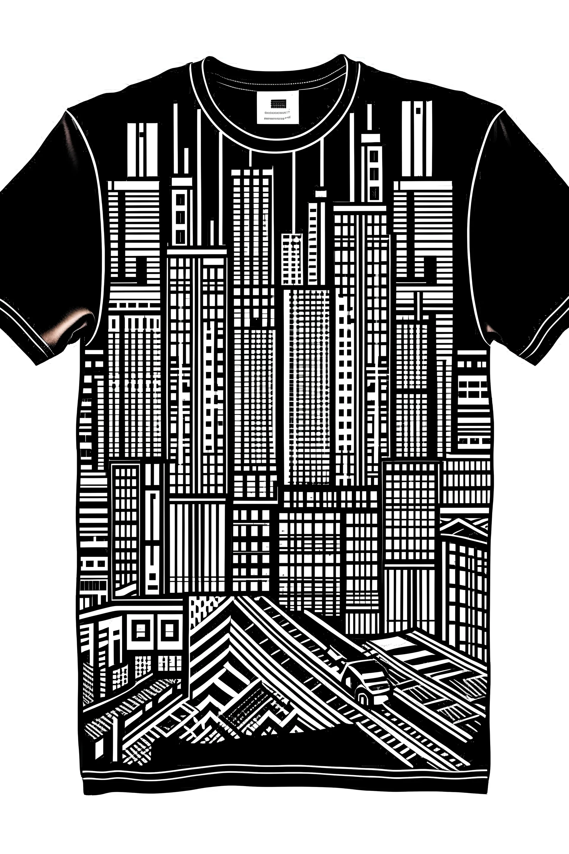 "Crear un estampado de camisa de estilo urbano que cubra la totalidad de la espalda. Incorporar elementos gráficos que reflejen la energía de la vida urbana, como edificios estilizados, líneas dinámicas y elementos geométricos. Utilizar una paleta de colores frescos y modernos, preferentemente tonos urbanos como grises, negros y blancos con toques de colores vibrantes. Integrar una tipografía elegante pero legible que complemente el diseño, utilizando palabras o frases cortas