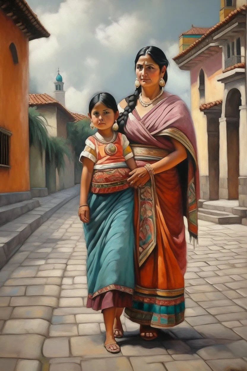 2 mexican woman painting neoclassism standing whole body zoom out standing in a traditional mexican city with child