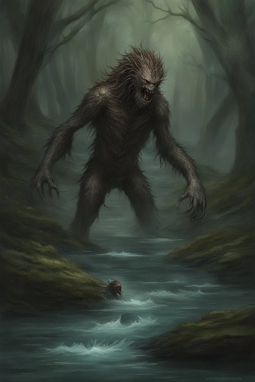 As he headed toward the noise, the shrieking grew louder until it escalated into an unearthly screech that made the hairs on his neck stand up. Breaking into a clearing, he froze at the sight before him. A bizarre creature resembling a misshapen humanoid was leaning over the water, its leathery limbs ending in claws that sliced through the air. When its face turned toward Alex, slitted yellow eyes met his with unbridled malice. It let out an earsplitting shriek and charged. Alex turned to run bu