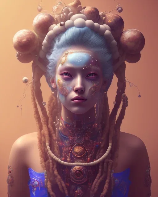 head and shoulders portrait of a woman with planets on her head, long blue hair, face paint, jester hat, Takato Yamamoto artist, Akiya Kageichi artist, Jedediah Berry inspired, 8k resolution concept art portrait, dynamic lighting, hyperdetailed, intricately detailed, maximalist, beautiful, peaceful, galaxy background