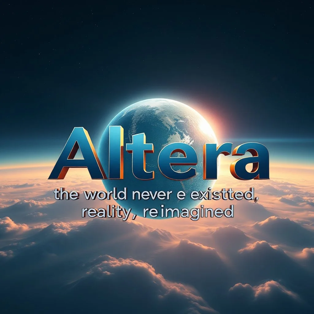 Can you create a nice cool logo for my account "Altera", with this texts in down "the world never existed" ,"reality ,reimagined",add 3d background, future world ,3d text
