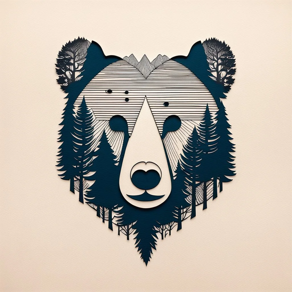 M shaped bear head combined with woods silhouette in backround, letterpress style, minimalistic pencil art