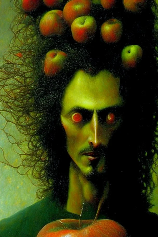 composition hair fully in focus full shot fine detailed oil painting portrait of a man with apples by artist "Zdzisław Beksiński"