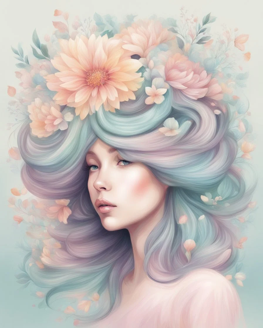 floral hair illustration in pastel colors, abstract visualization