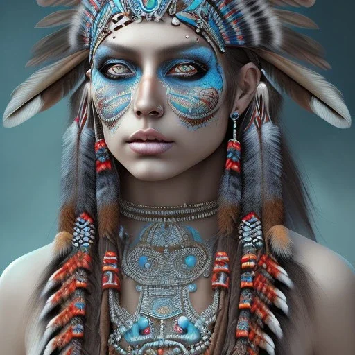 war painted pueblo Indian female, dark, disturbed expression.intricate detailethnically accurate face, intricate head dress, detailed make-up, detailed turquoise jewelry, detailed hair, detailed feathers, use dynamic palette, accurate proportions, high contrast.