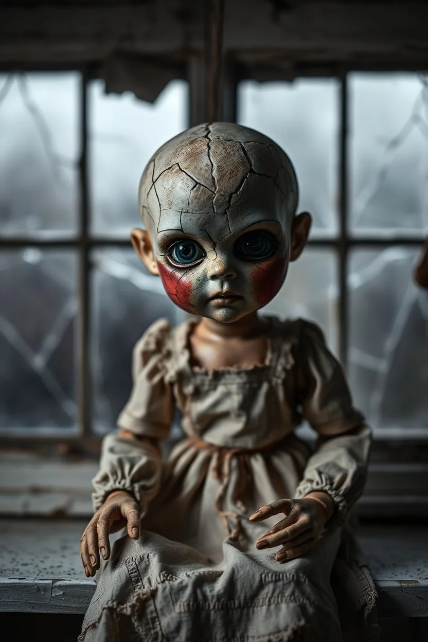 looking at the camera a high realistic porcelain puppet doll, old, dirty with old dress, sitting on shelf, in background blur cracked window. The figure has cracked face and head, and piercing big black eyes. High contrast, cinematic, thriller, dark, atmospheric. Surreal style , perfect composition, sharp focus, intricate details, crepy stunning horror vibe