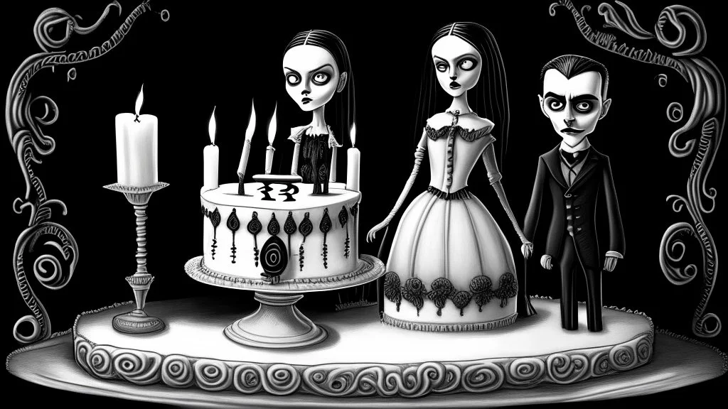 draw a birthday cake with logo number 23 and one candle 23 ,Insanely detailed Addams Family movie still with Barbie dolls, art by tim burton