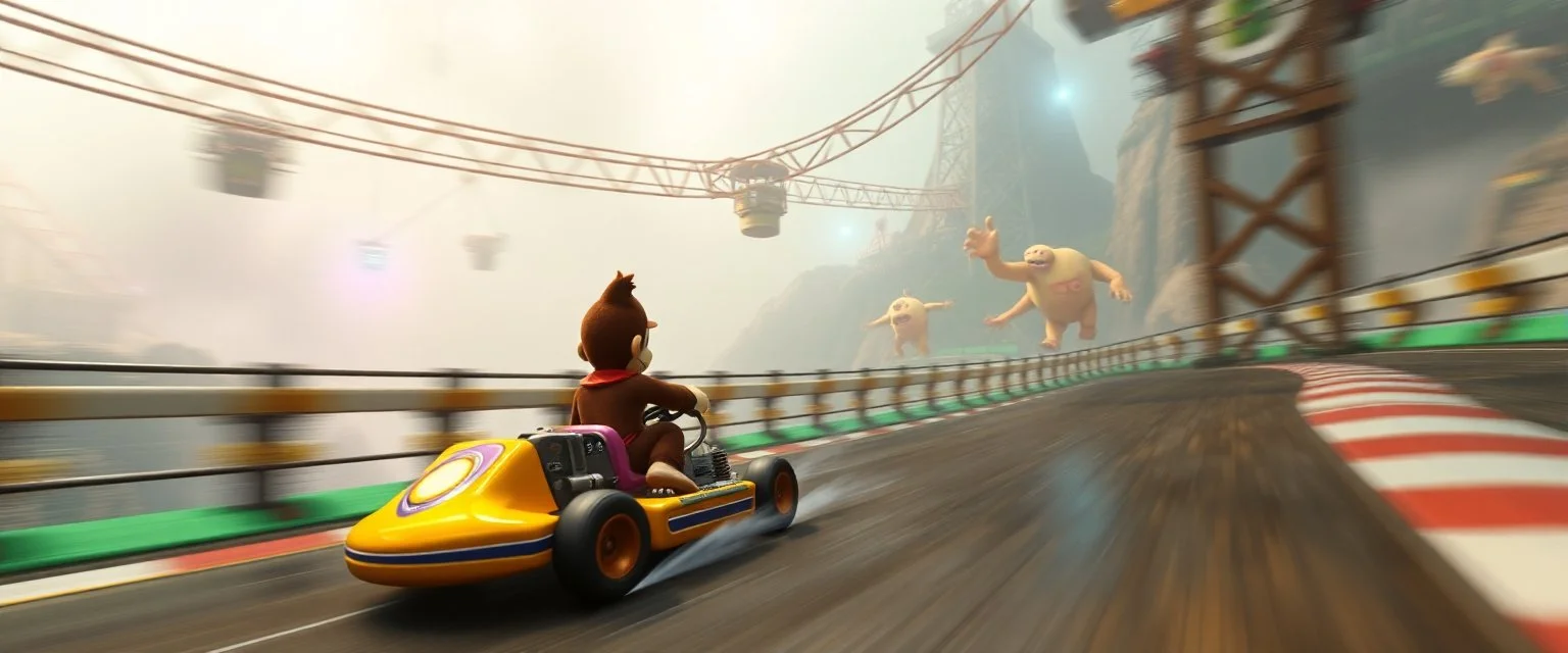 nico belic in donkey kong bowling stage racing, motion blur, weird creatures, mini racing kart, fences and hills, pits and pendulums, and cranes and squids, fog, smoke, oil slick, spies, gta 4 world
