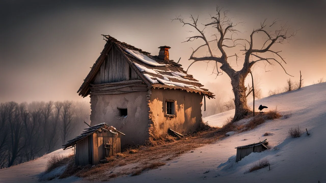 a lonely old adobe hut with worn adobe brown-gray wall and a small window, a crumbling roof, an old chimney stands on a hill, next to it is a small woodshed by the wall, and an old withered tree leans over the hut on thr old tree sitting a black crow, the hut stands on the edge of a European forest, winter, snowy landscape, low light, dawn, snow, high detailed, sharp focus, high realistic, perfect photo