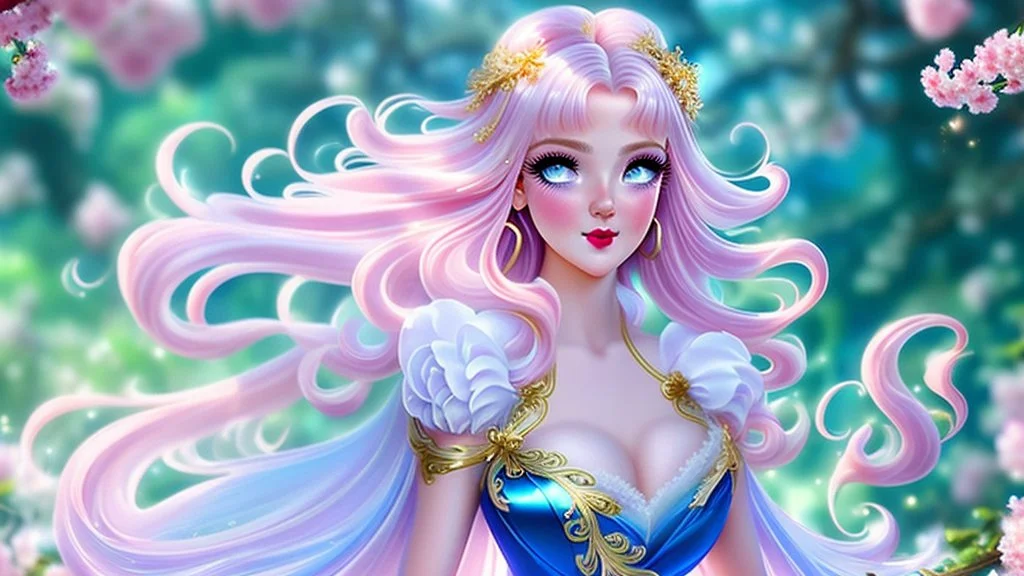 ((best quality)),((masterpiece)),ultra detailed background ((Cherry Blossoms)),(30 years old Sweedish gorgeous smiling woman), medium breast,wearing flowing dress, golden blue flowing hair glamour,(blue eyes),beautiful face,((white mists:1.4)),(pink dust:1.2),mysterious,mysteries of galactic universe,yellow lightnings,volumetric lightnings,dark and blurry background,