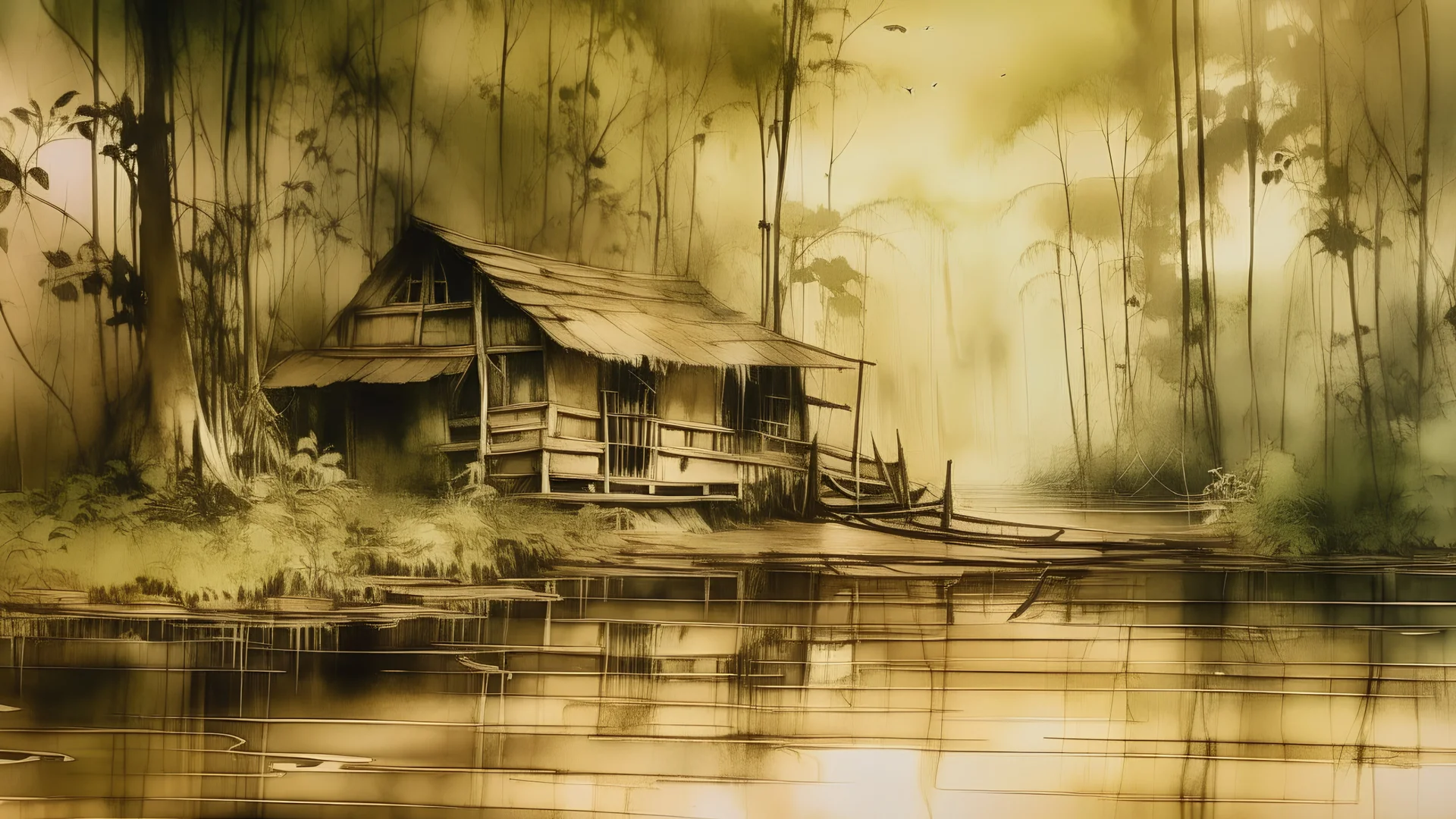 watercolor painting, Immersed in the low jungle of the hidden port, among Nim trees, the house finds its mark to settle., vintage sepia, film effect, iridescent style, bright and reflective atmosphere light effects, holographic background, creative, detailed brush stroke, minimal spalsh