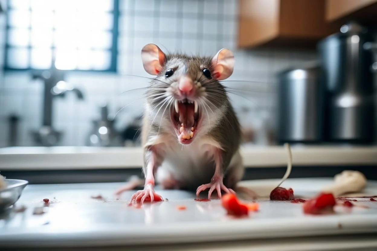 wide hd photo of a little rat, full body, smiling with her mouth open lying on the table in a medical context at the dentist. blood from her mouth stains her short white dress, room midle underwater,