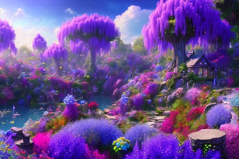 monde en fleurs, blue lake, flower tree-houses, concept art, crépuscule , fuksia bleu oranger, vibrant Color, réaliste, riviere bleu, tree-house wisteria, roses