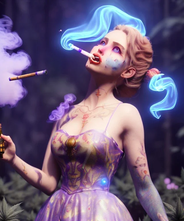 Ultra realistic wonderland photo, happy blonde woman smoking a shisha, blue dress, purple-cat friend, circus dress style, old school tattoo, smoke, marijuana garden, glow eyes, perfect iris, soft color, highly detailed, unreal engine 5, cinematic, ultra detail, volumetric lighting, high definition.