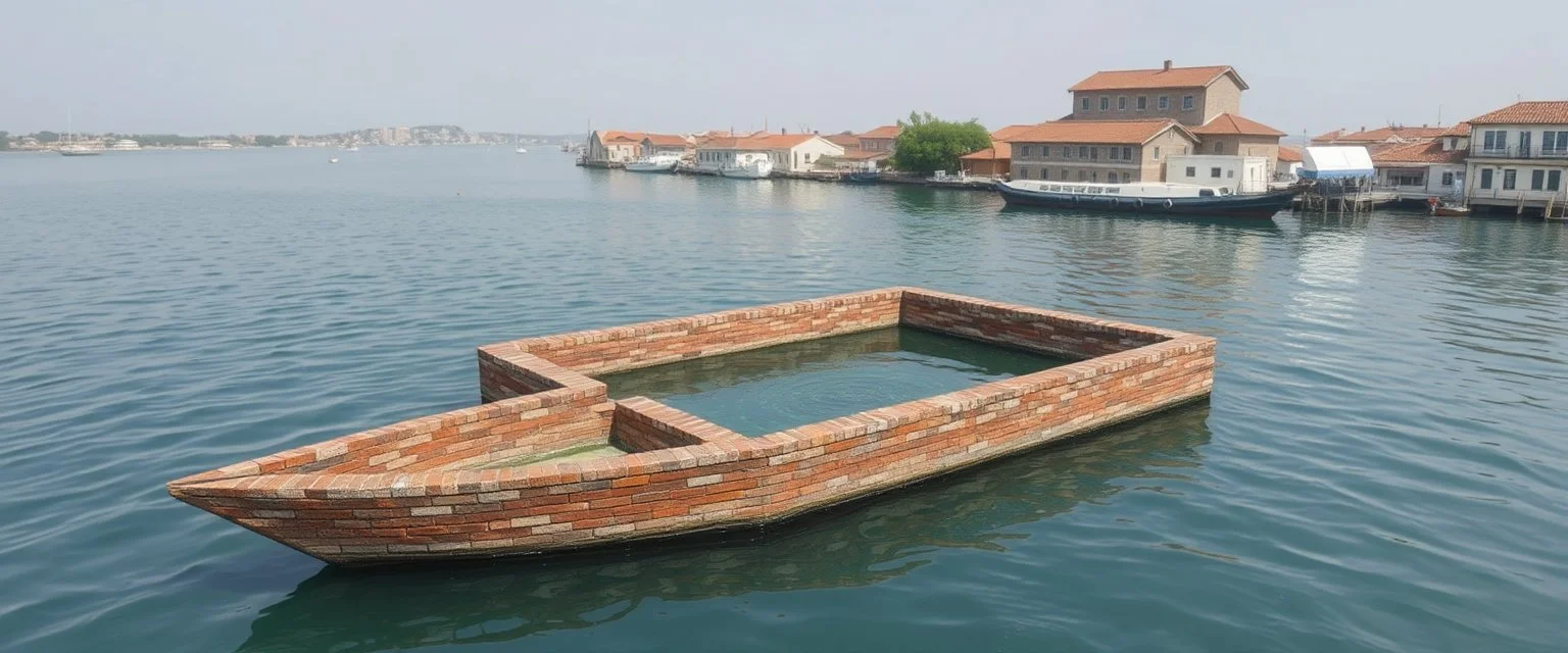 square boat made of bricks lotsa bricks, with beautiful water around