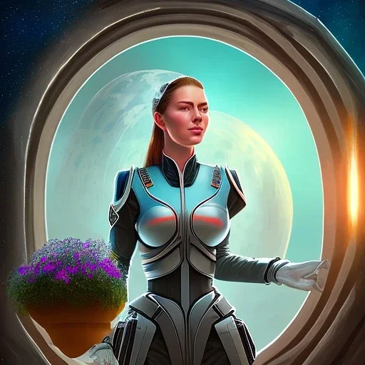 centered portrait of female soldier sitting on throne, wearing no helmet, by a starship window with huge man eating pot plants and a view to the milky way, hi detail, book cover illustration